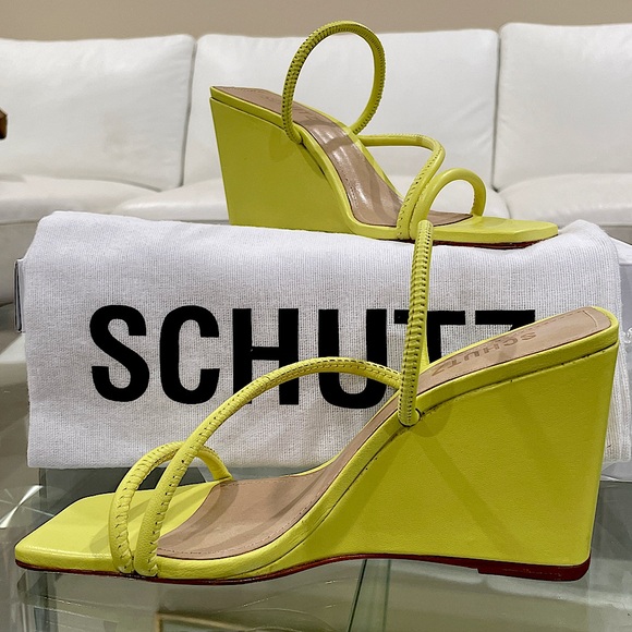 NIB SCHUTZ chartreuse LEATHER strappy wedge sandals lime apple zesty yellow 6.5 - Picture 3 of 16